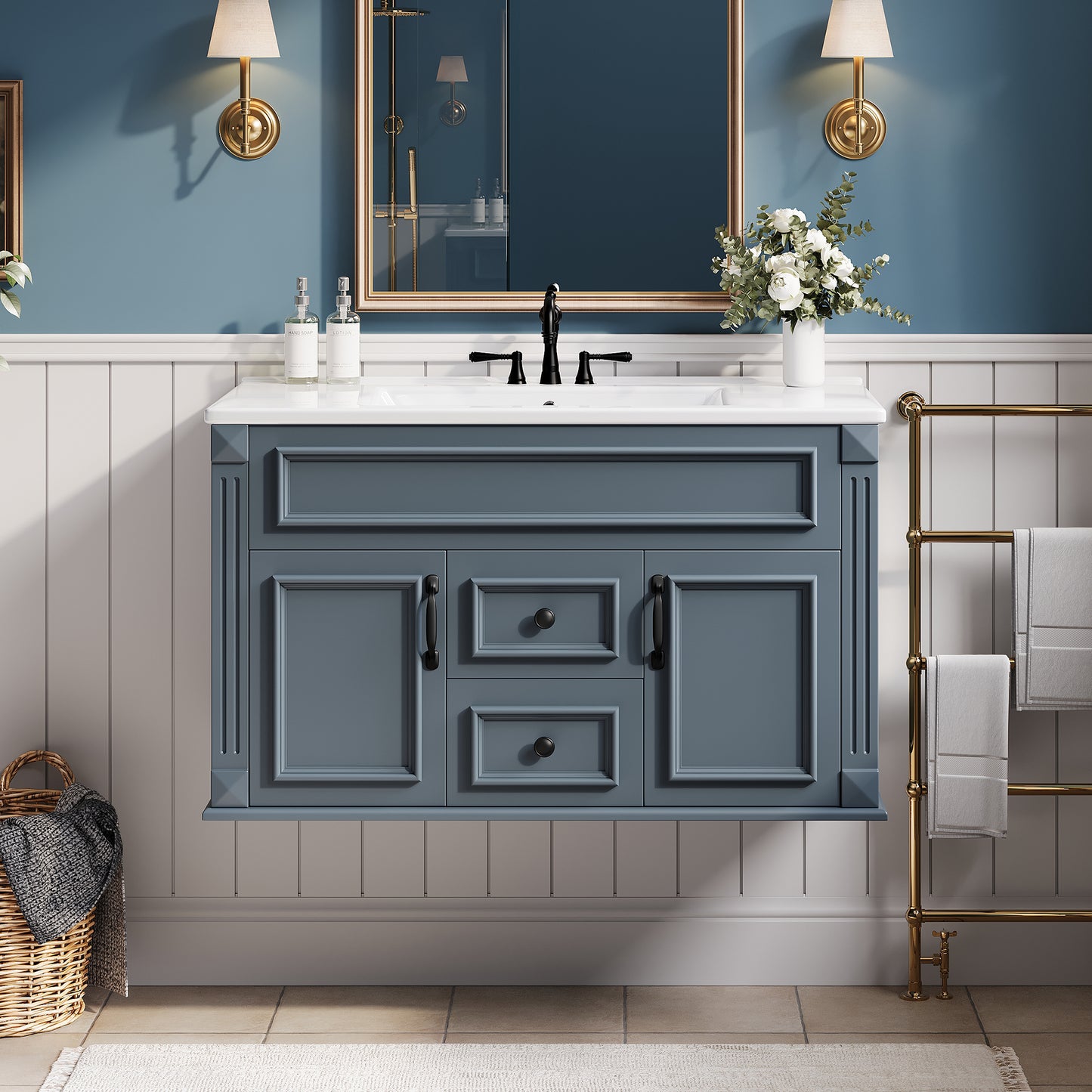 36-Inch Wall Mounted Bathroom Vanity with Ceramic Sink - Blue