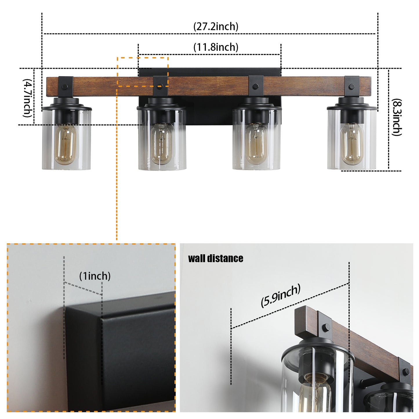 27-Inch Rustic 4-Light Vanity Light Fixture with Glass Shades