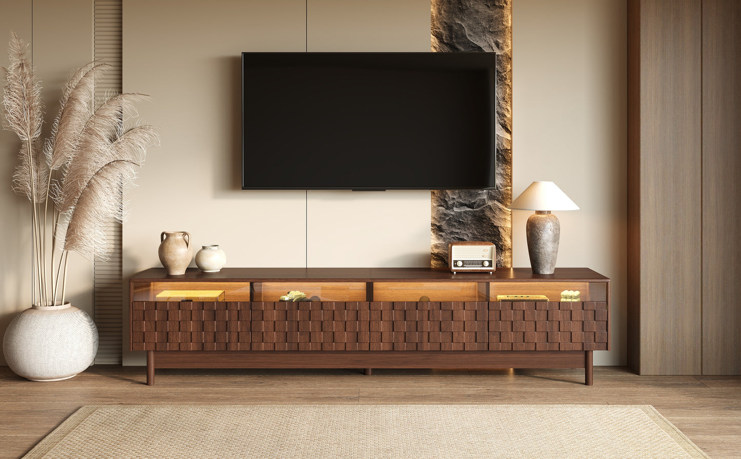 78 Inch TV Stand for Living Room - Modern Entertainment Center with LED Lights and Glass Drawers