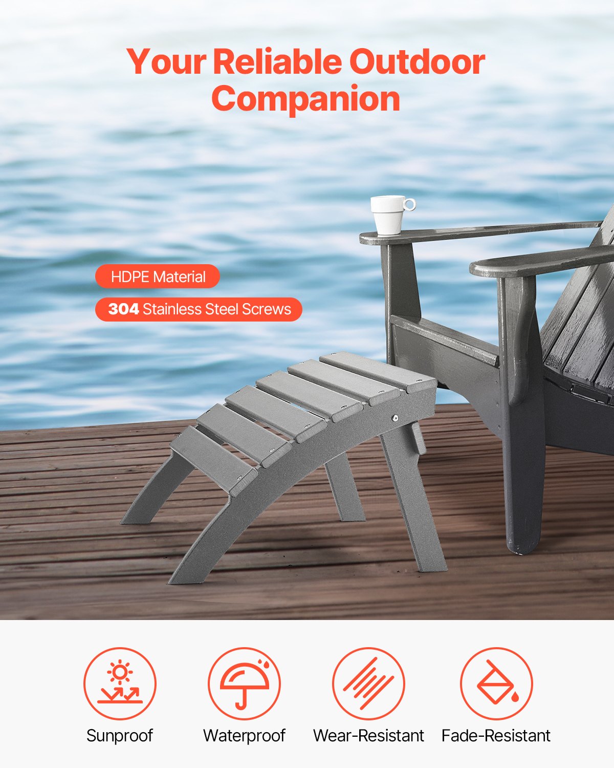 Folding Adirondack Ottoman Footrest for Outdoor Patio Gray 21.5L x 18.9W x 14.8H