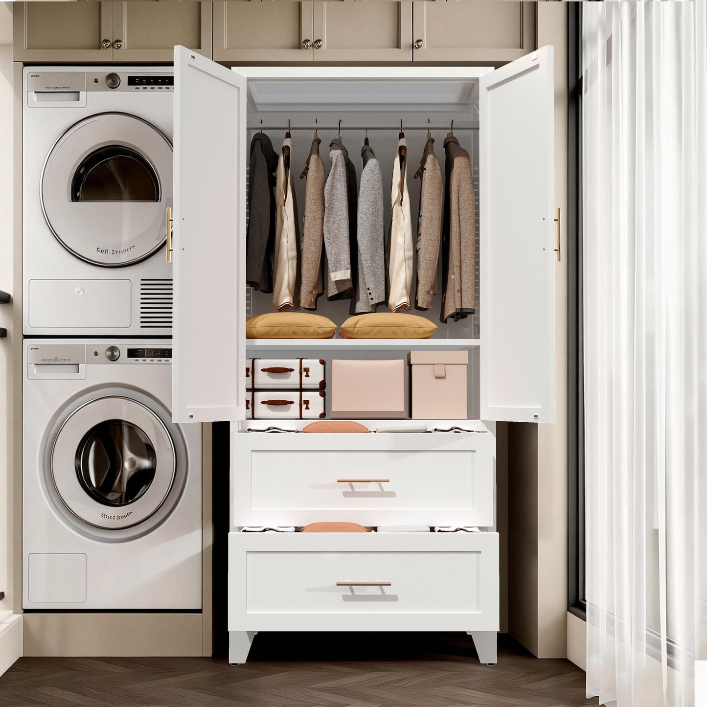 71-Inch Tall Metal Wardrobe Cabinet with 2 Drawers and Shelf - White