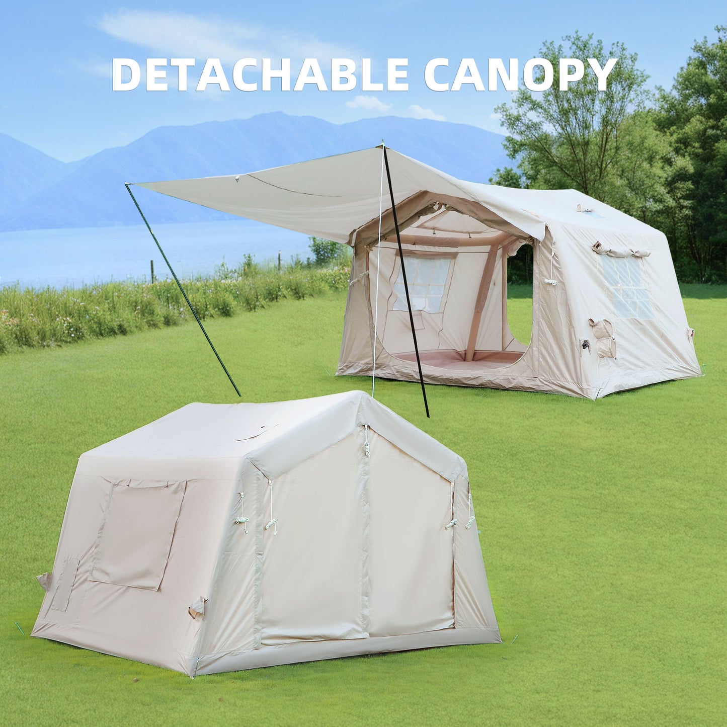 Inflatable Camping Tent with Canopy - Waterproof Beige 4-8 Person