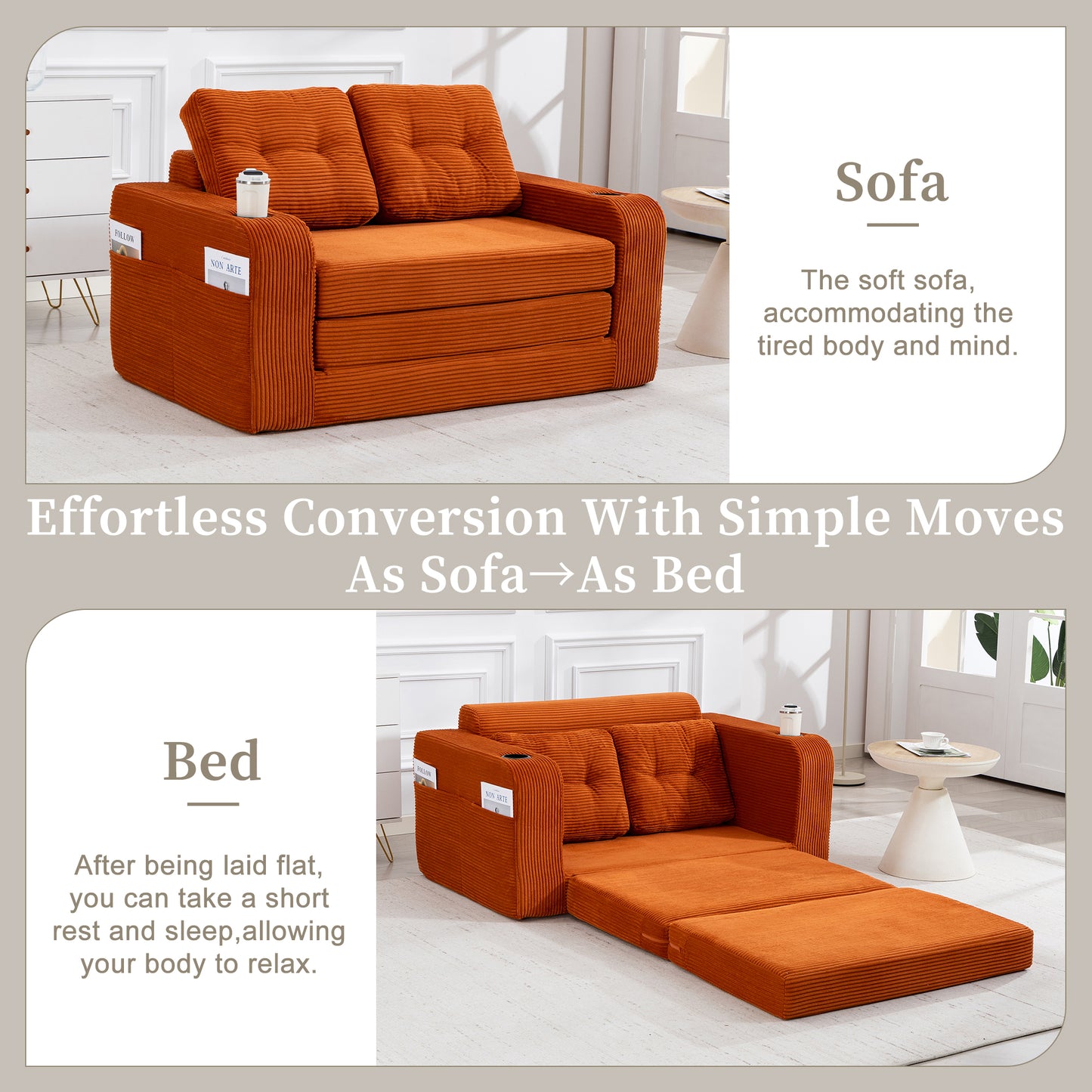 Convertible Sofa Bed - Expandable Floor Couch with Pillows - Orange