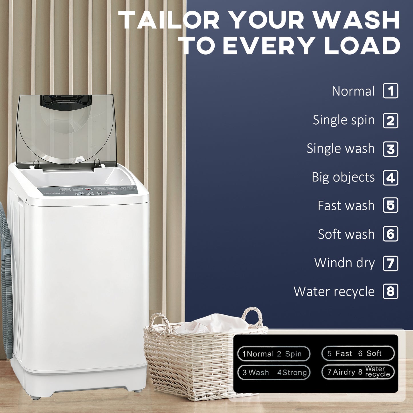 Portable Compact Washing Machine with 8 Programs 6 Water Levels - White