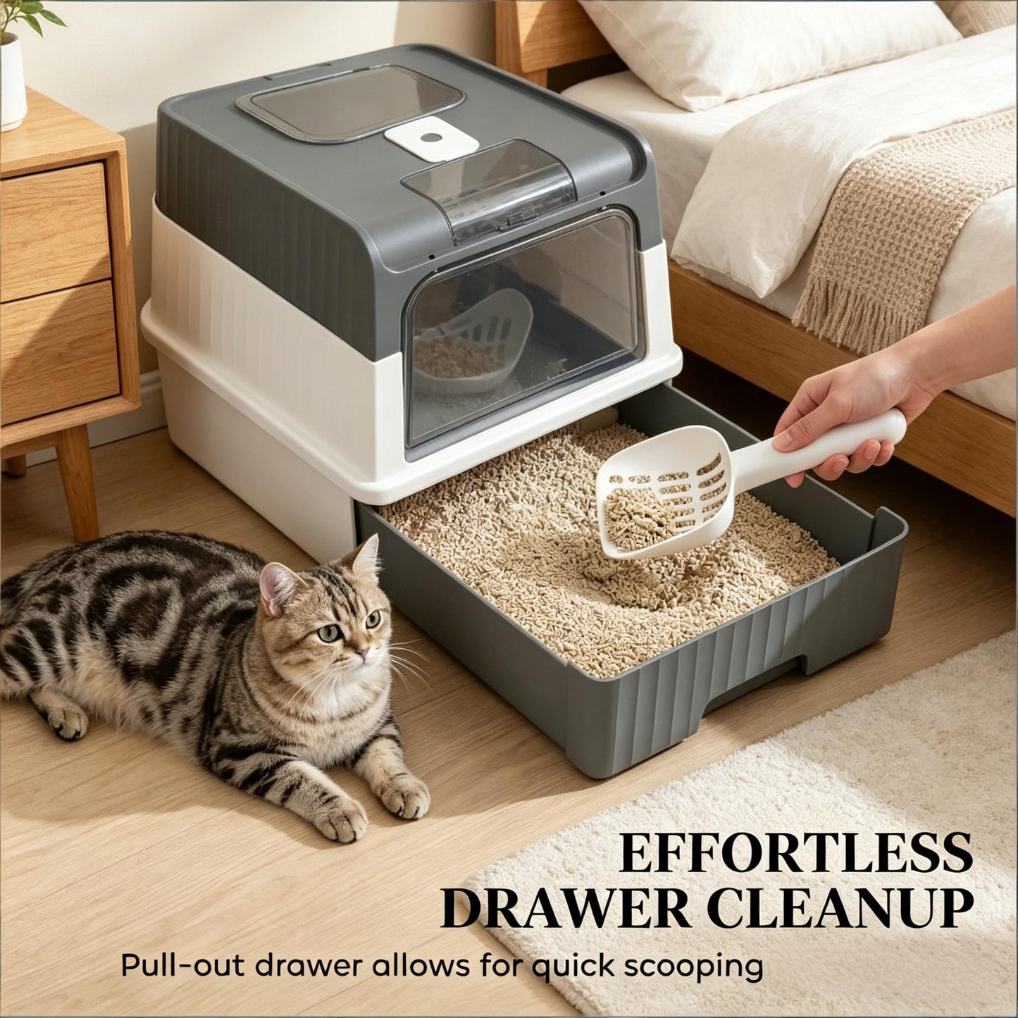 Compact Enclosed Cat Litter Box with Top Exit Design - Black, Gray, White