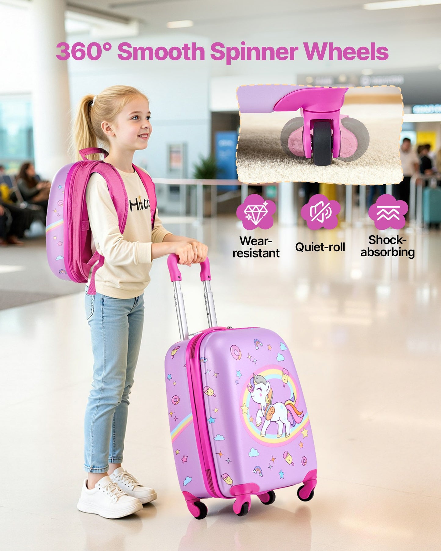 Kids Luggage Set 2-Piece 18 Inch Hard Shell Suitcase with Backpack - Unicorn Travel Gift