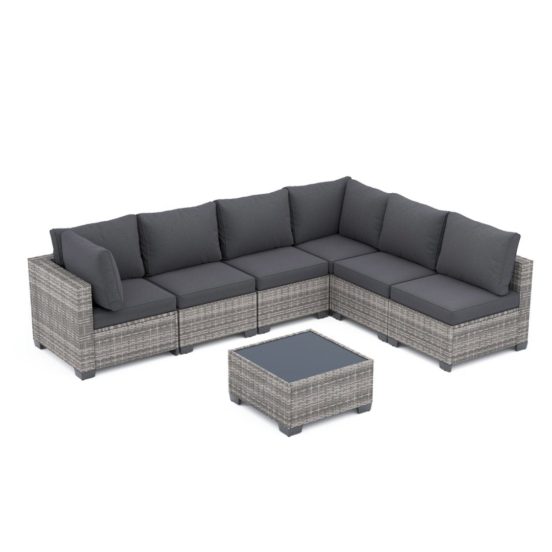 7-Piece Modular Outdoor Wicker Sectional Sofa Set with Cushions - Grey
