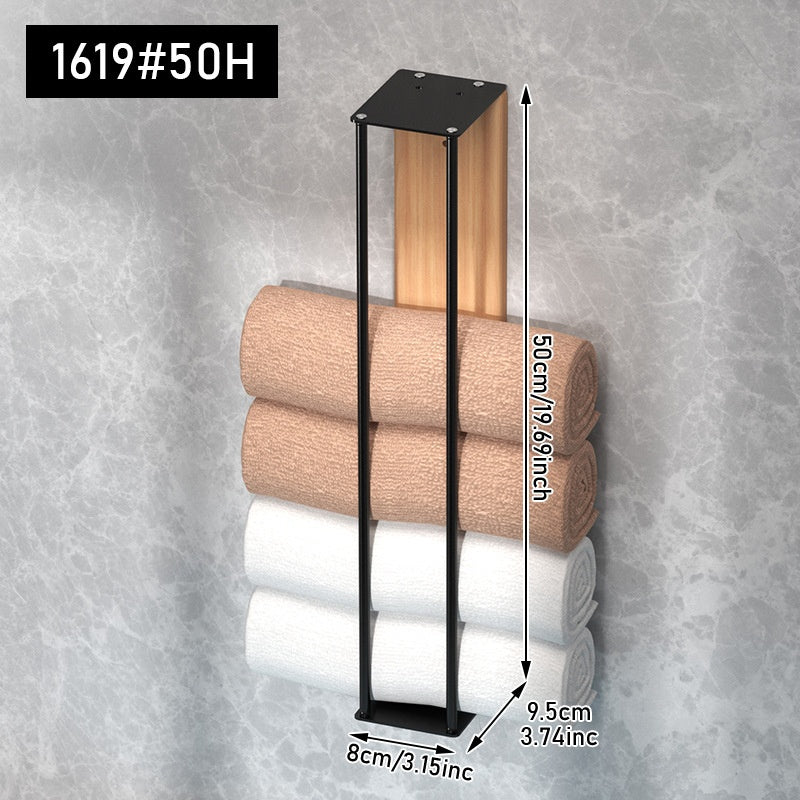 Wooden Wall-Mounted Metal Towel Rack Bathroom Storage Black 40cm 50cm