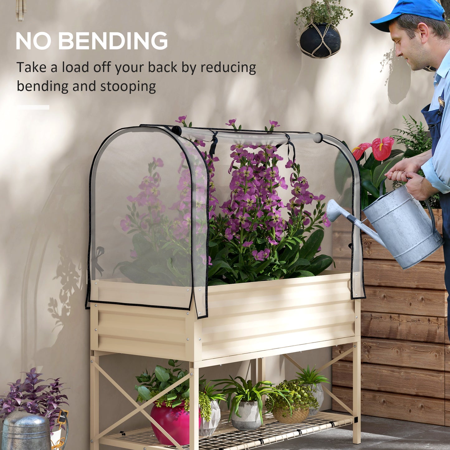 Raised Garden Bed with Cover and Legs - Metal Elevated Planter Box for Vegetables, Cream