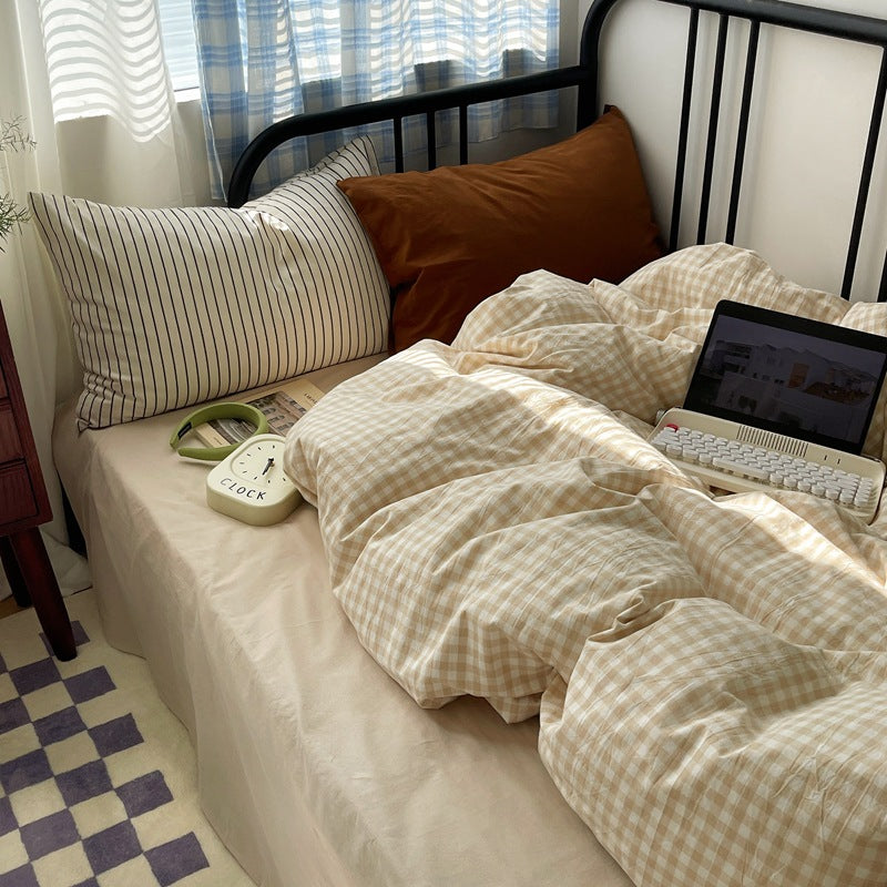 Fresh All-Cotton Checkered Bedding Set - Light Beige, 4 Pieces