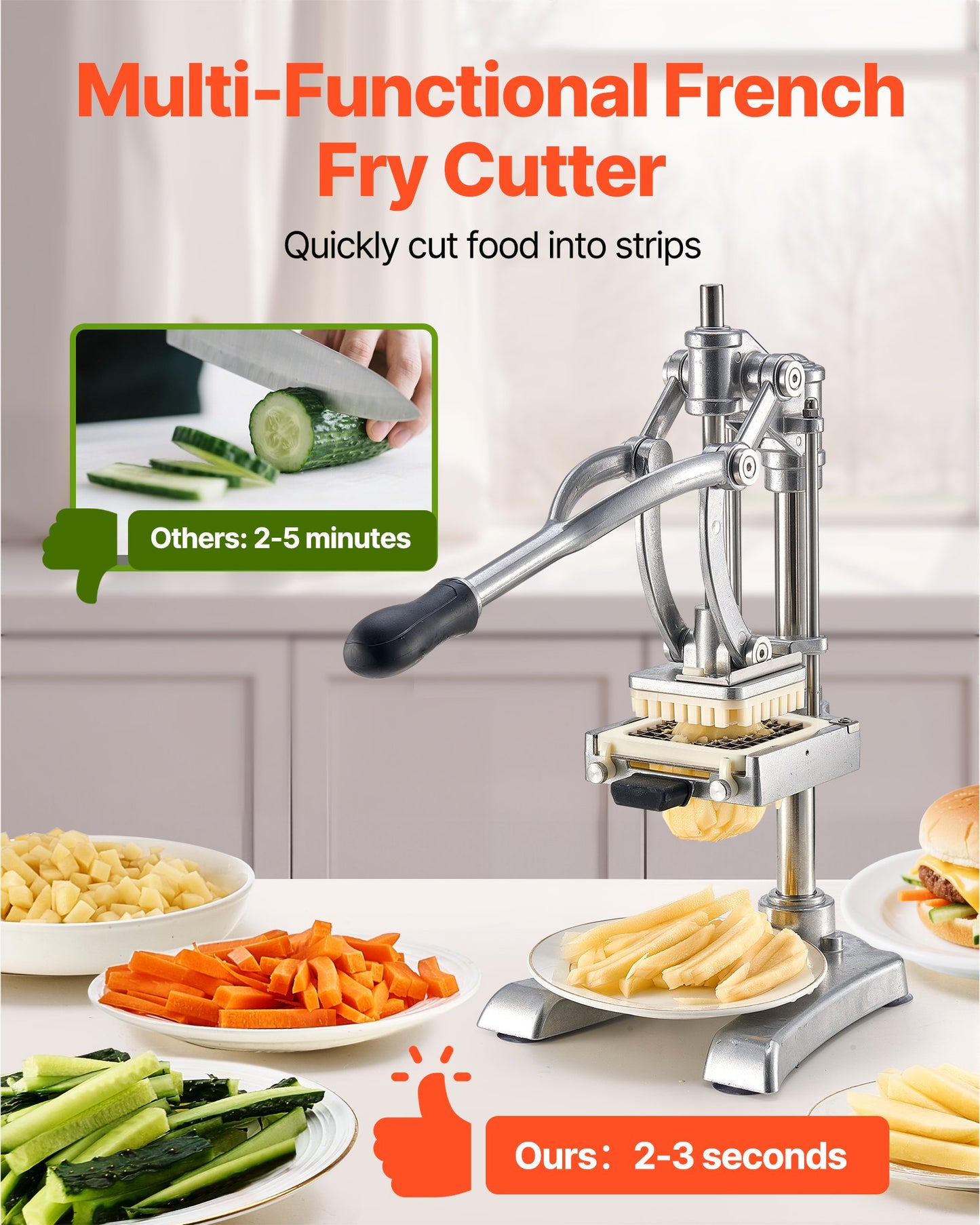 French Fry Cutter Vegetable Chopper with 3 Stainless Steel Blades - Silver