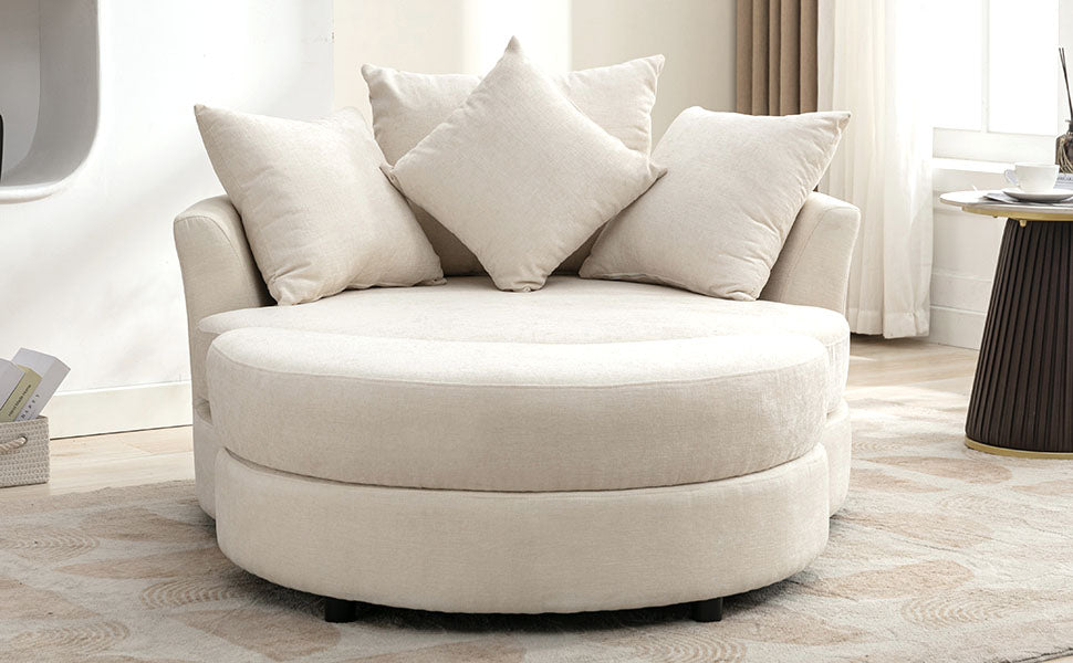 360° Swivel Accent Barrel Chair with Storage Ottoman & 4 Pillows - Cream