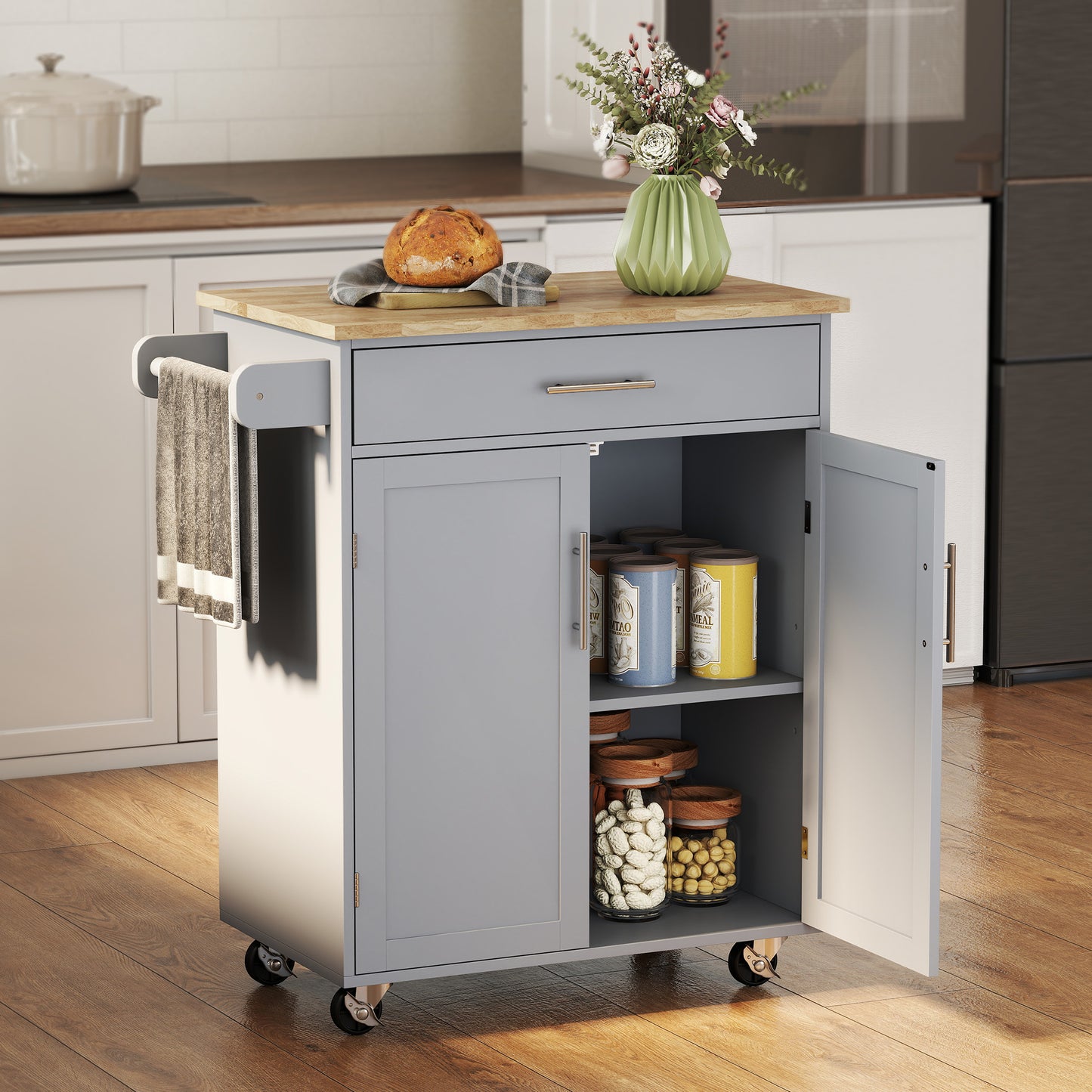 Rolling Kitchen Island Cart with Solid Wood Top & Drawer - Gray