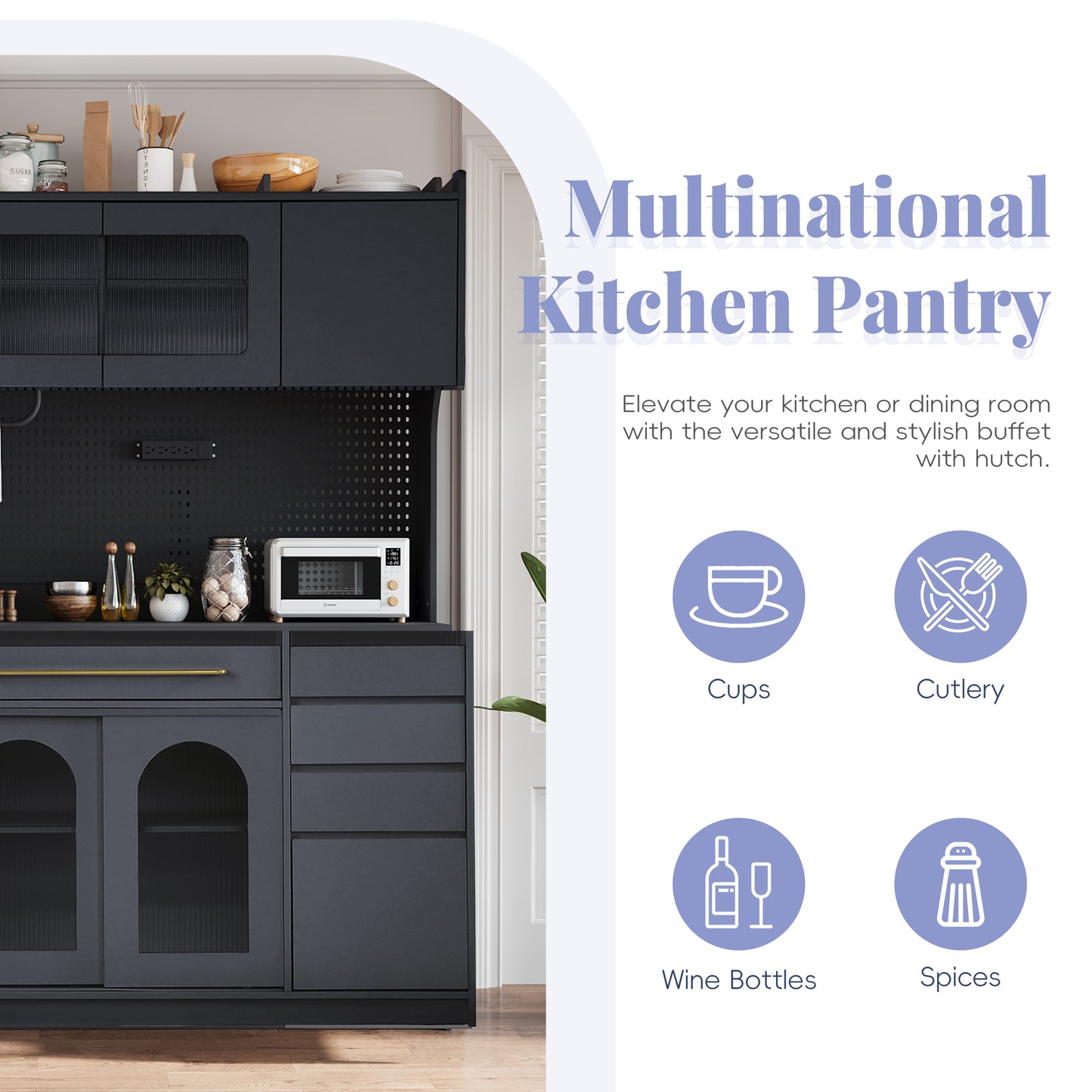 Freestanding 63" Buffet with Hutch - Large Coffee Bar Cabinet, Black
