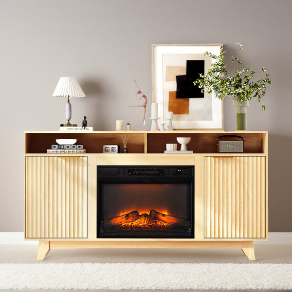 Oak TV Stand with 23-Inch Fireplace Insert & Double Doors