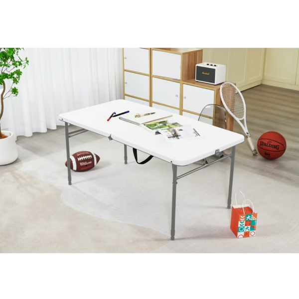 4-Foot Adjustable Folding Table - White, Portable & Durable