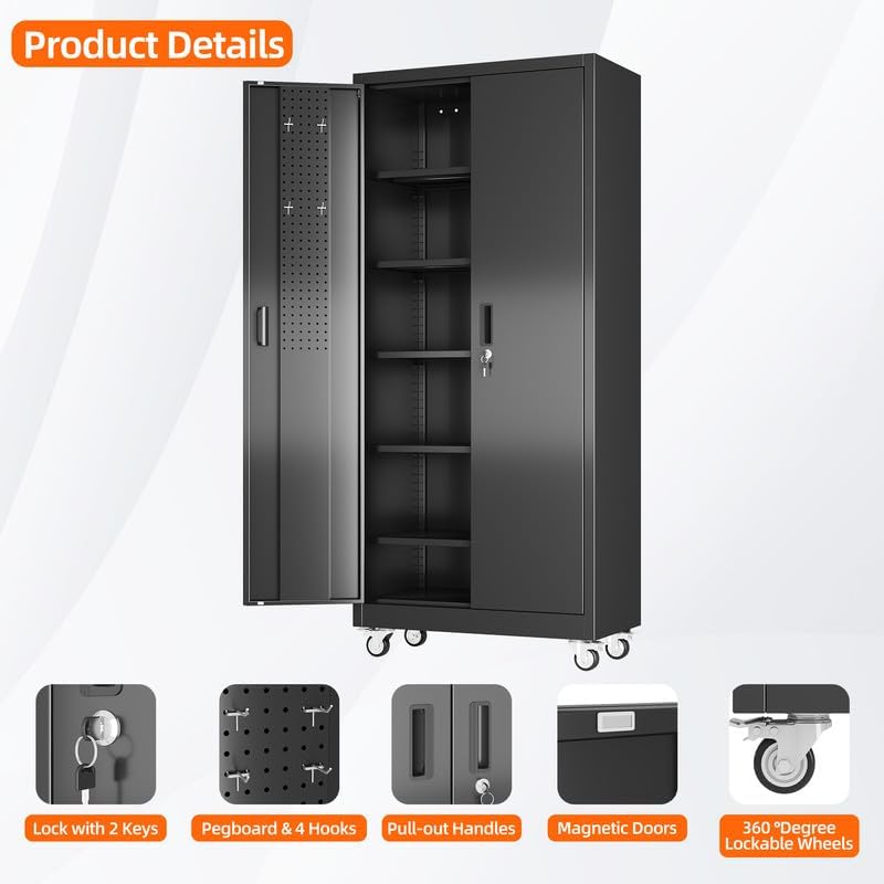 Metal Storage Cabinet on Wheels - Lockable Black with 5 Shelves