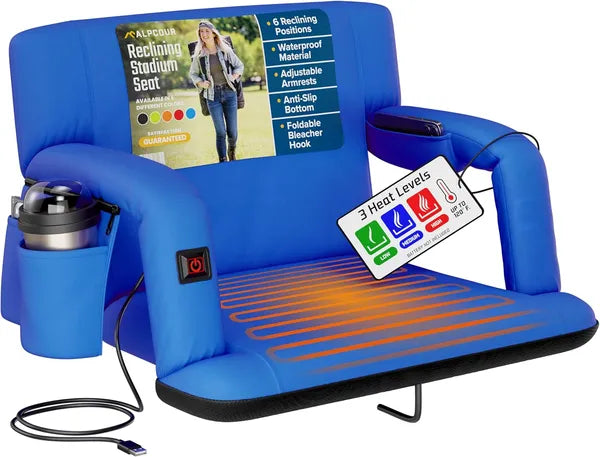 Heated Stadium Seat with Back Support - 25" Wide - Royal Blue