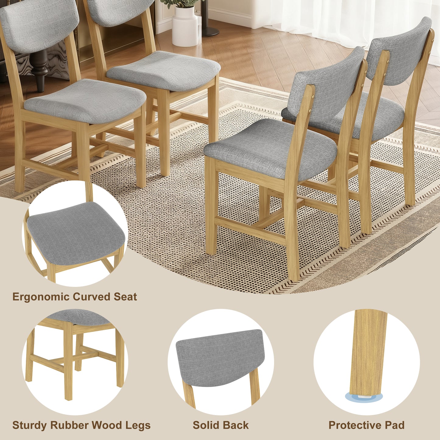 4-Piece Rustic Farmhouse Dining Chair - Solid Wood Frame With Gray