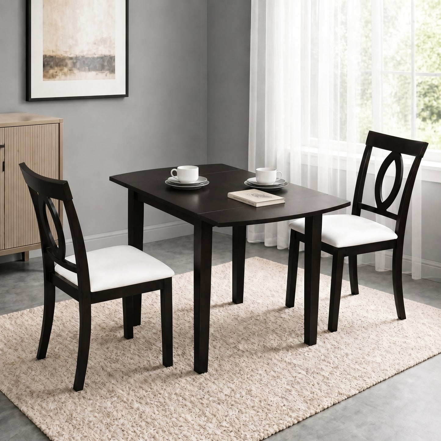 Drop Leaf Dining Table Set with 2 Upholstered Chairs - Dark Brown