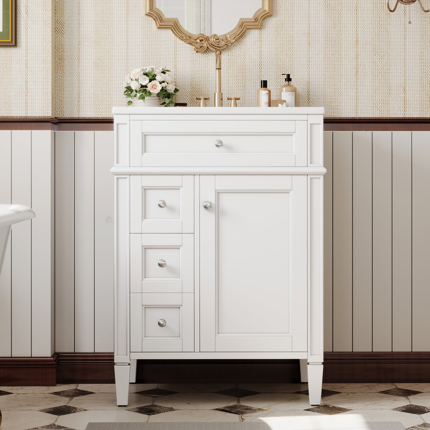 24-Inch Modern Bathroom Vanity with Ceramic Sink & 3 Drawers - White