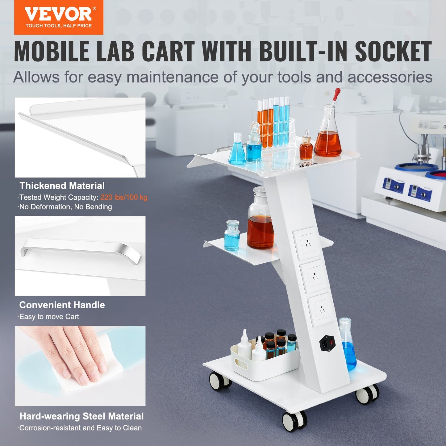 Mobile Lab Trolley with Built-In Socket - 3-Tier Rolling Cart - White