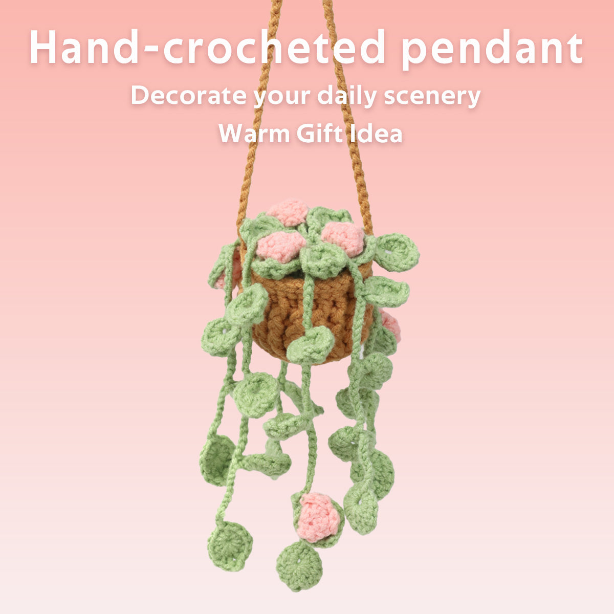 Handmade Crochet Hanging Plant Decor with Pink Flowers and Green Vines - Indoor Wall Art