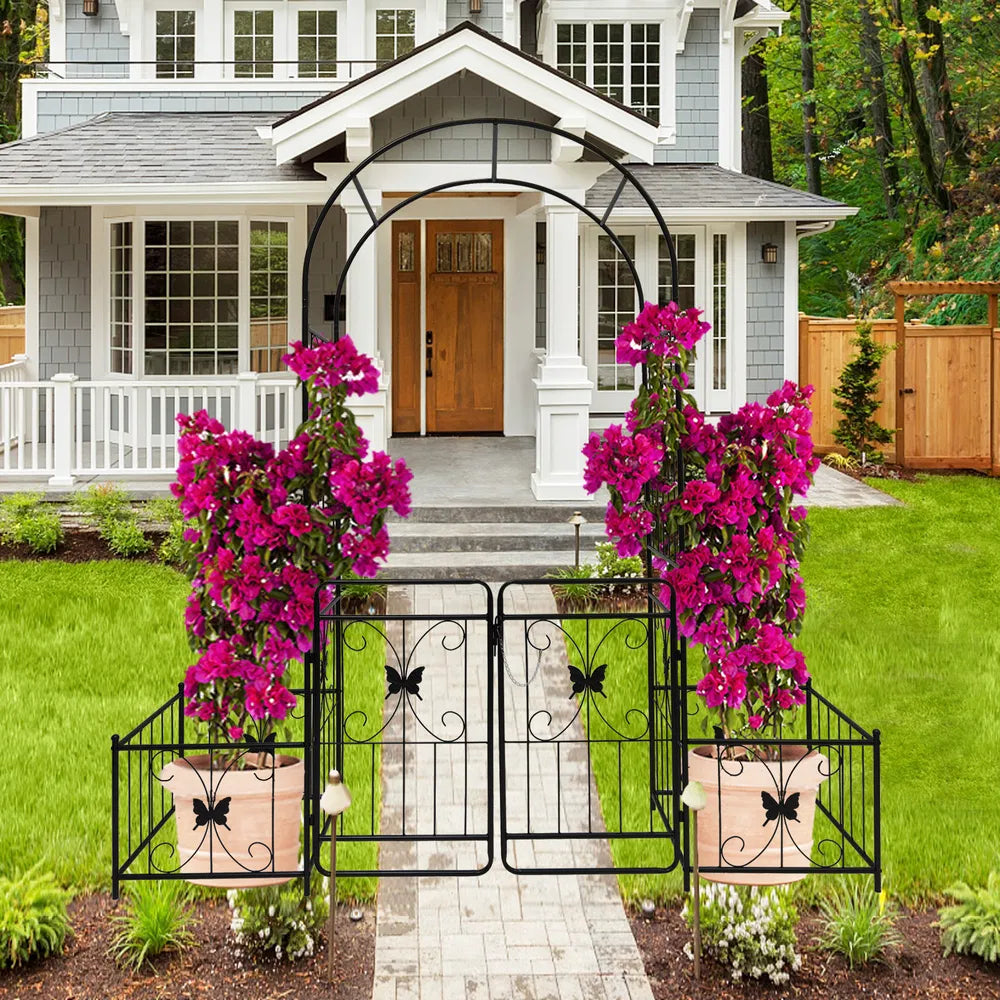 Metal Garden Arch with Gate for Climbing Plants - 79.5" x 86.6"