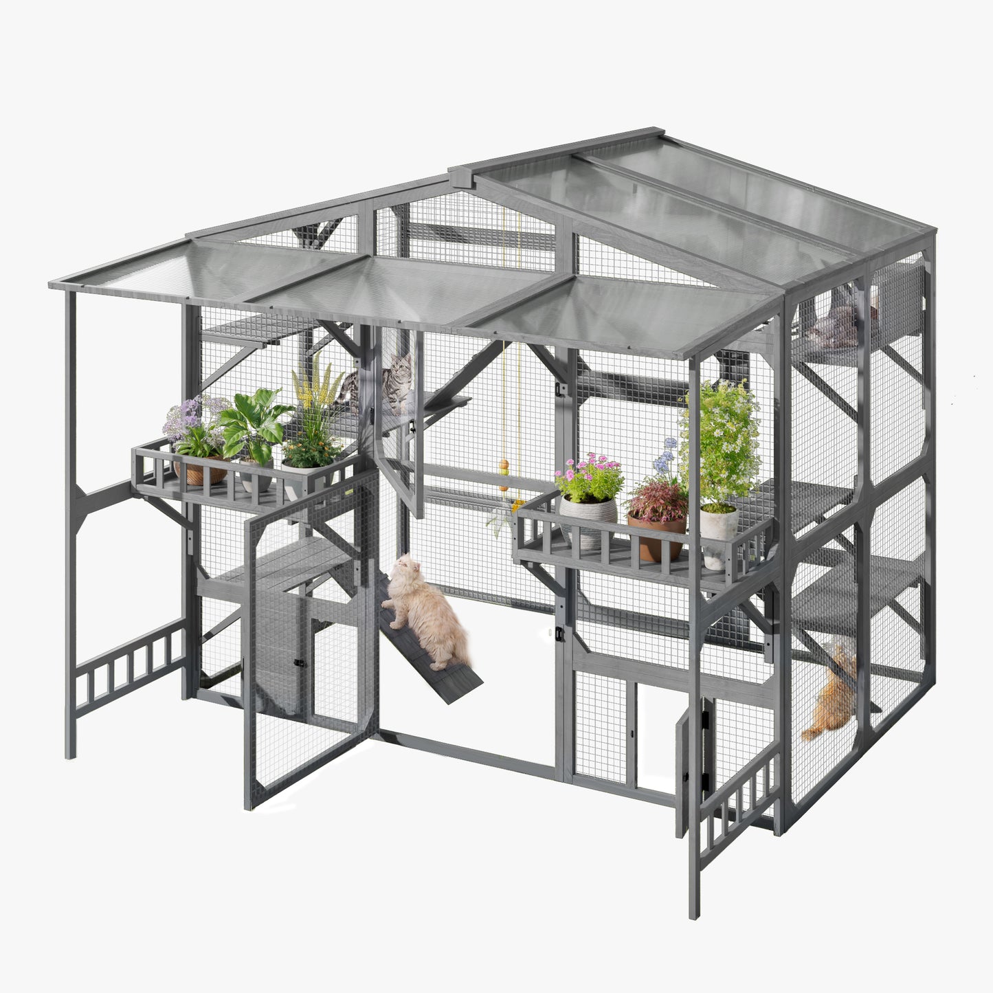 Outdoor Cat Enclosure with 6 Platforms Climbing Ramp & Resting Box for Multiple Cats - Grey