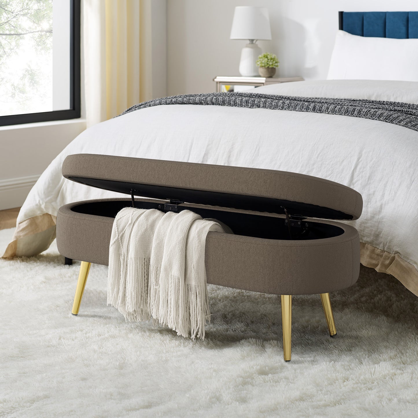 Brown Flannel Storage Ottoman Bench with Metal Legs - 43.5"