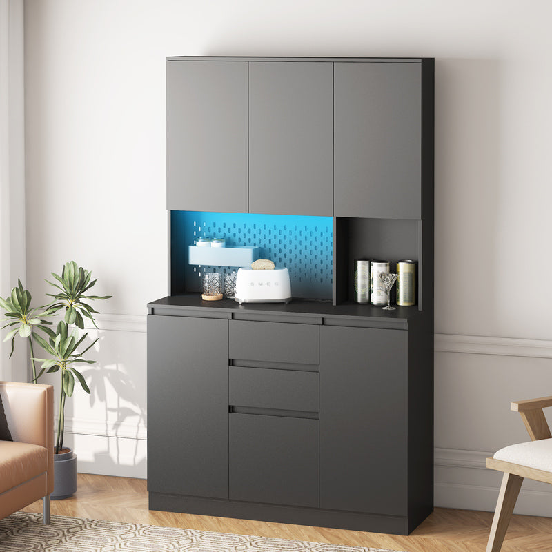 74-Inch White Pantry Cabinet with Power Outlet & Storage Shelf