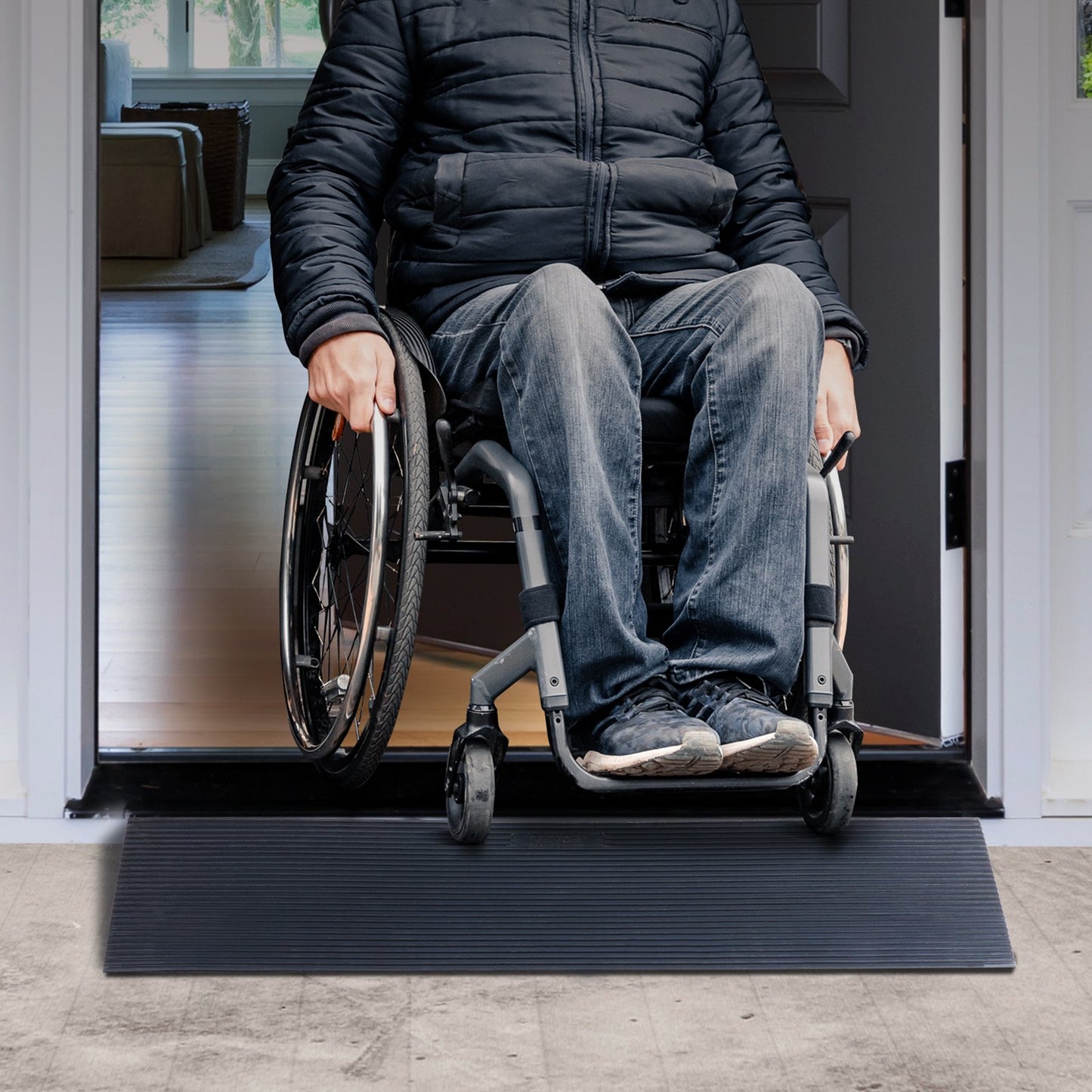 6' Adjustable Threshold Ramp for Wheelchairs & Robots Non-Slip Rubber Doorway Accessory - Black