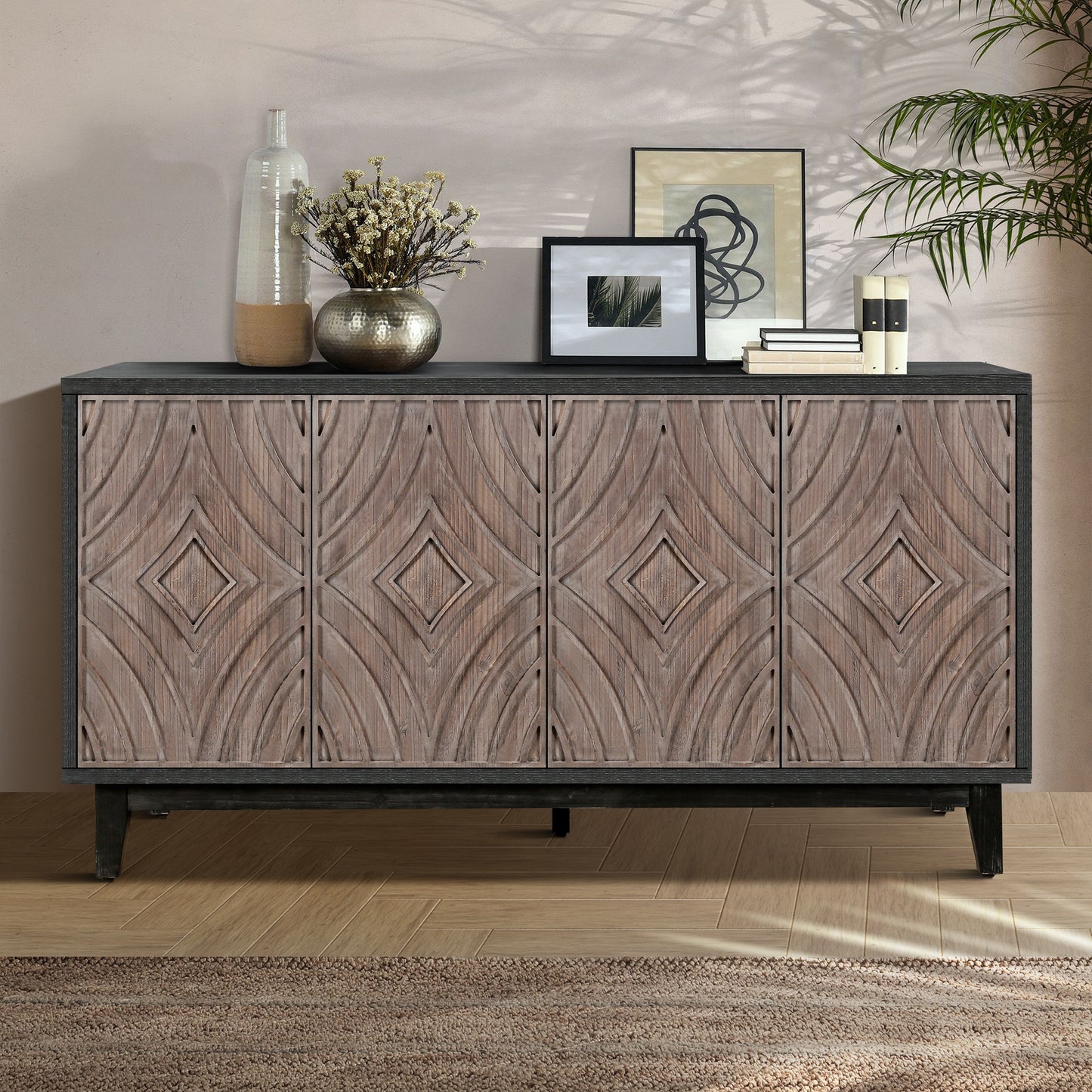 Mid Century Sideboard Buffet Cabinet with Solid Wood Legs - Antique Brown