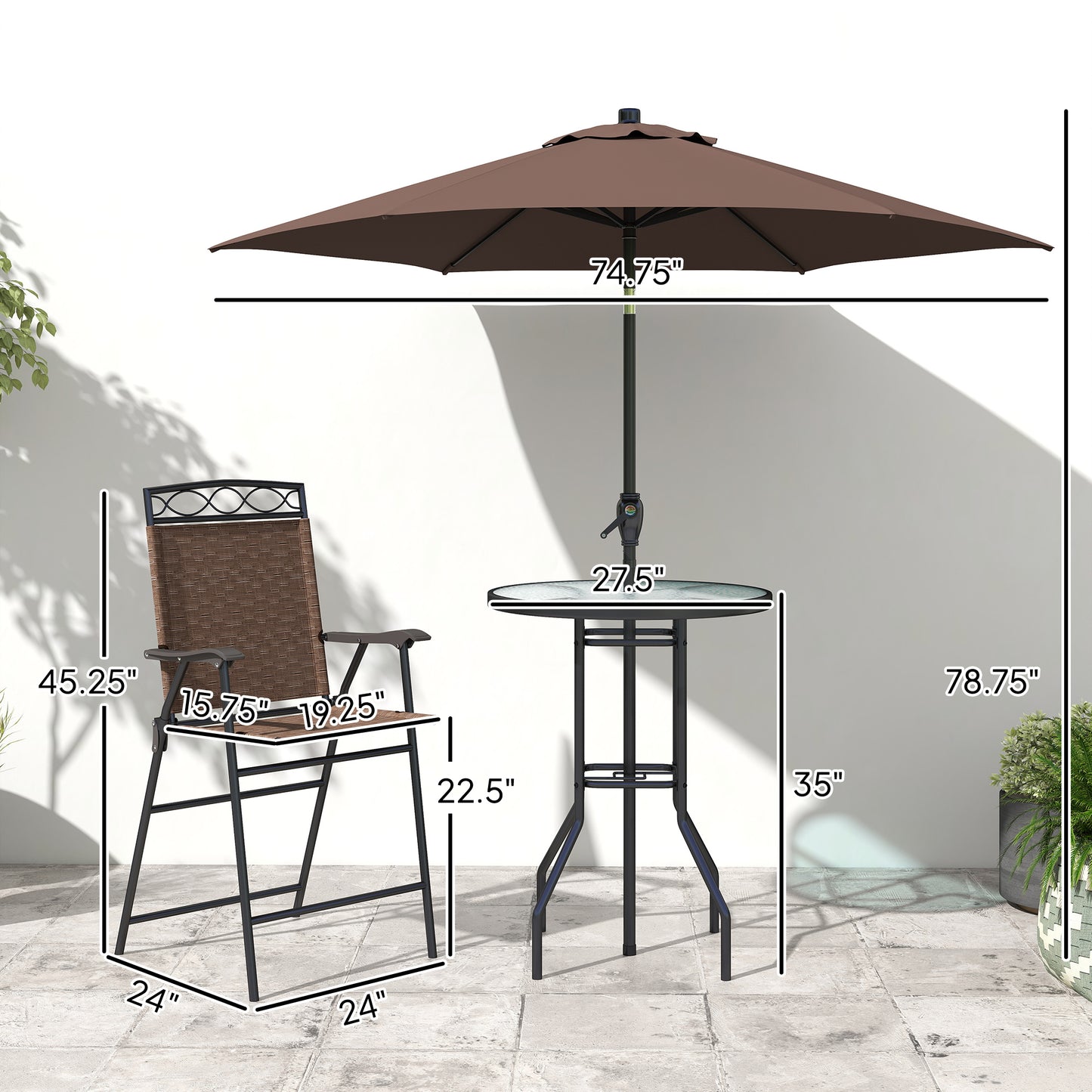 4-Piece Outdoor Bar Set with Umbrella and Folding Chairs - Brown