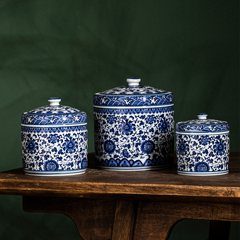 Blue and White Ceramic Tea Jar with Lid - Chinese Style Home Storage