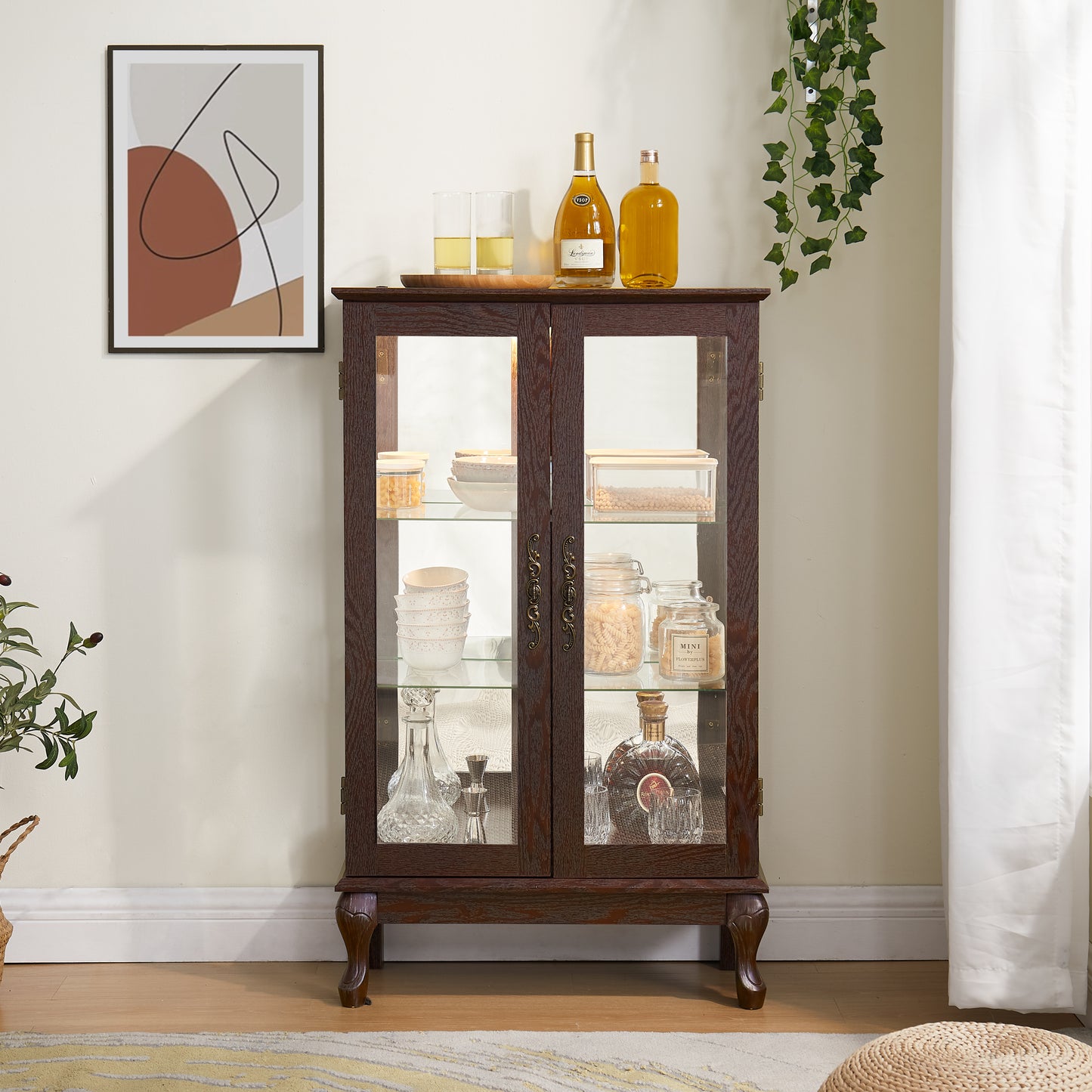 Lighted Curio Cabinet with Glass Doors & Adjustable Shelves - Cherry