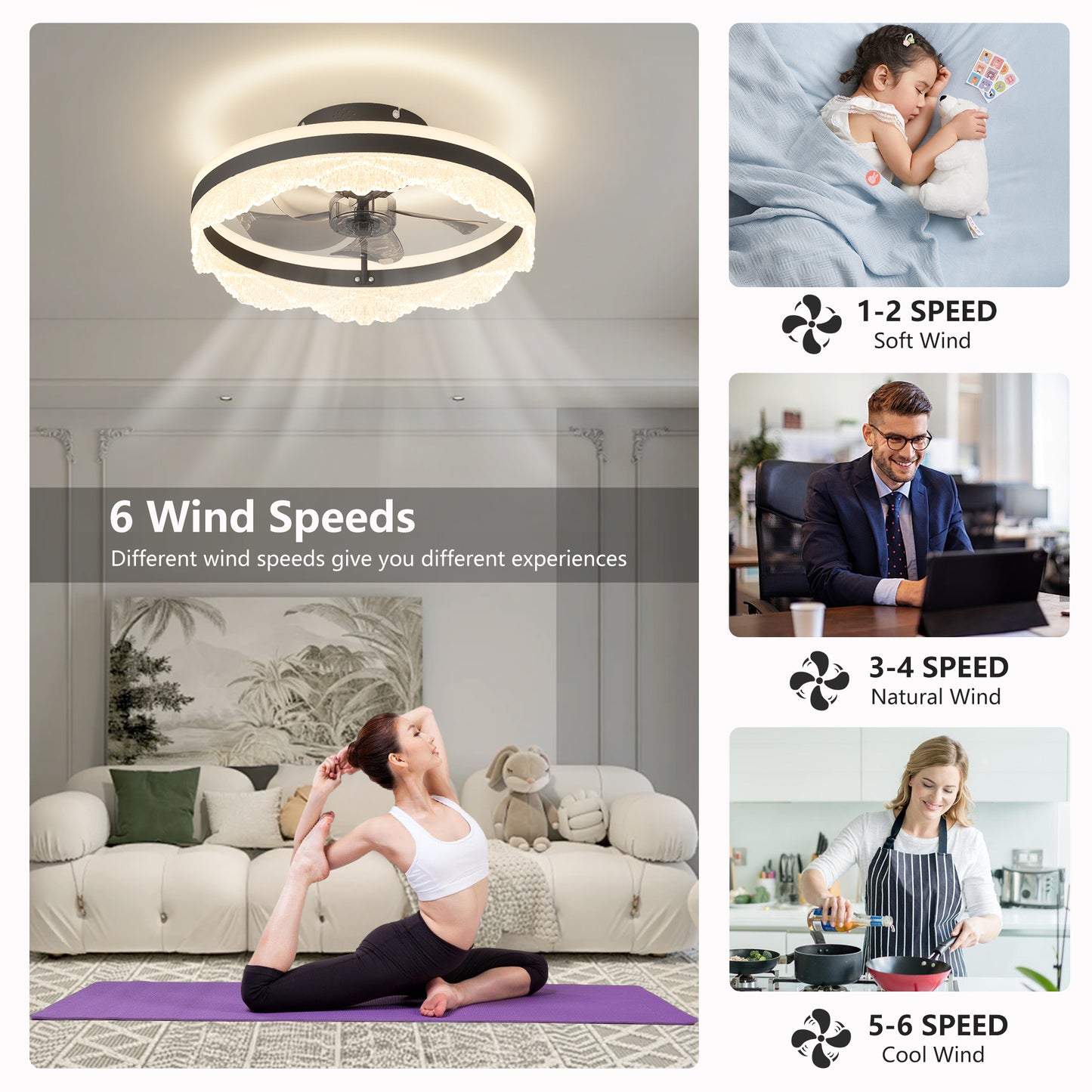 Quiet Ceiling Fan with Light - LED Crystal Flush Mount Design