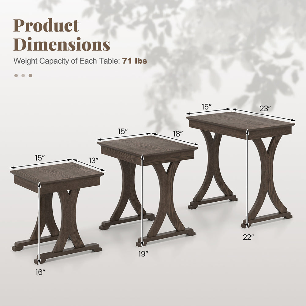 3 Pieces Nesting Coffee Table Side With Solid Rubber Wood Legs For