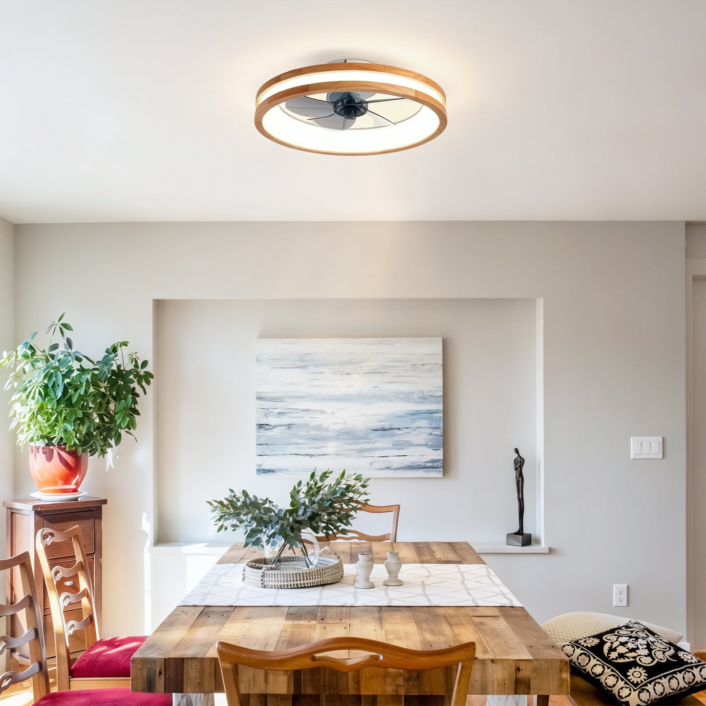Modern Flush Mount Ceiling Fan with LED Light & Remote Control - Natural Wood White