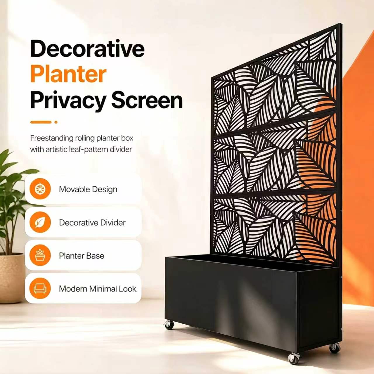 Leaf Pattern Privacy Screen with Planter Box - Black Metal
