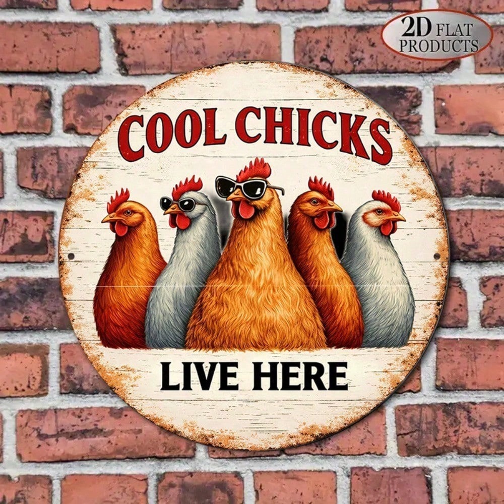 Funny Chicken Round Sign - Retro Farmhouse Decor - 8x8in Tin