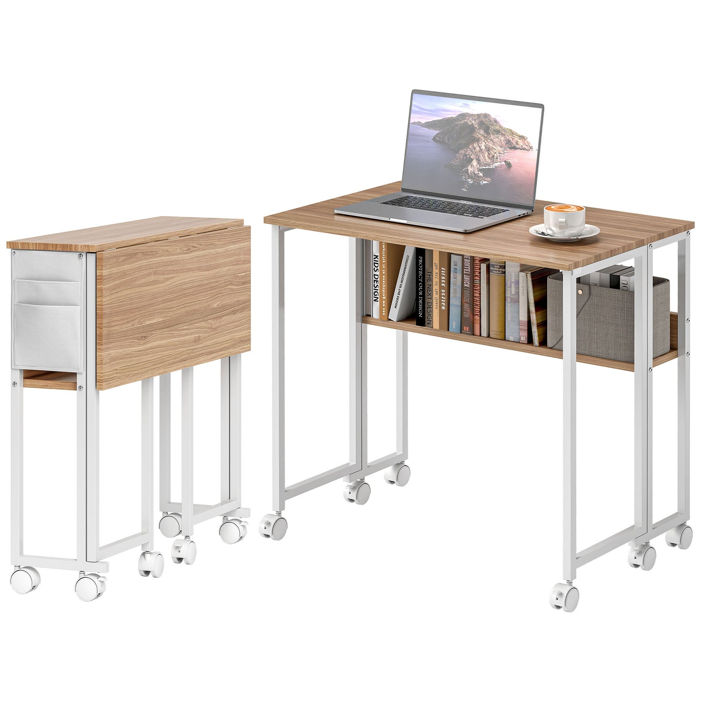 Foldable Computer Desk with Storage and Wheels - Natural Wood