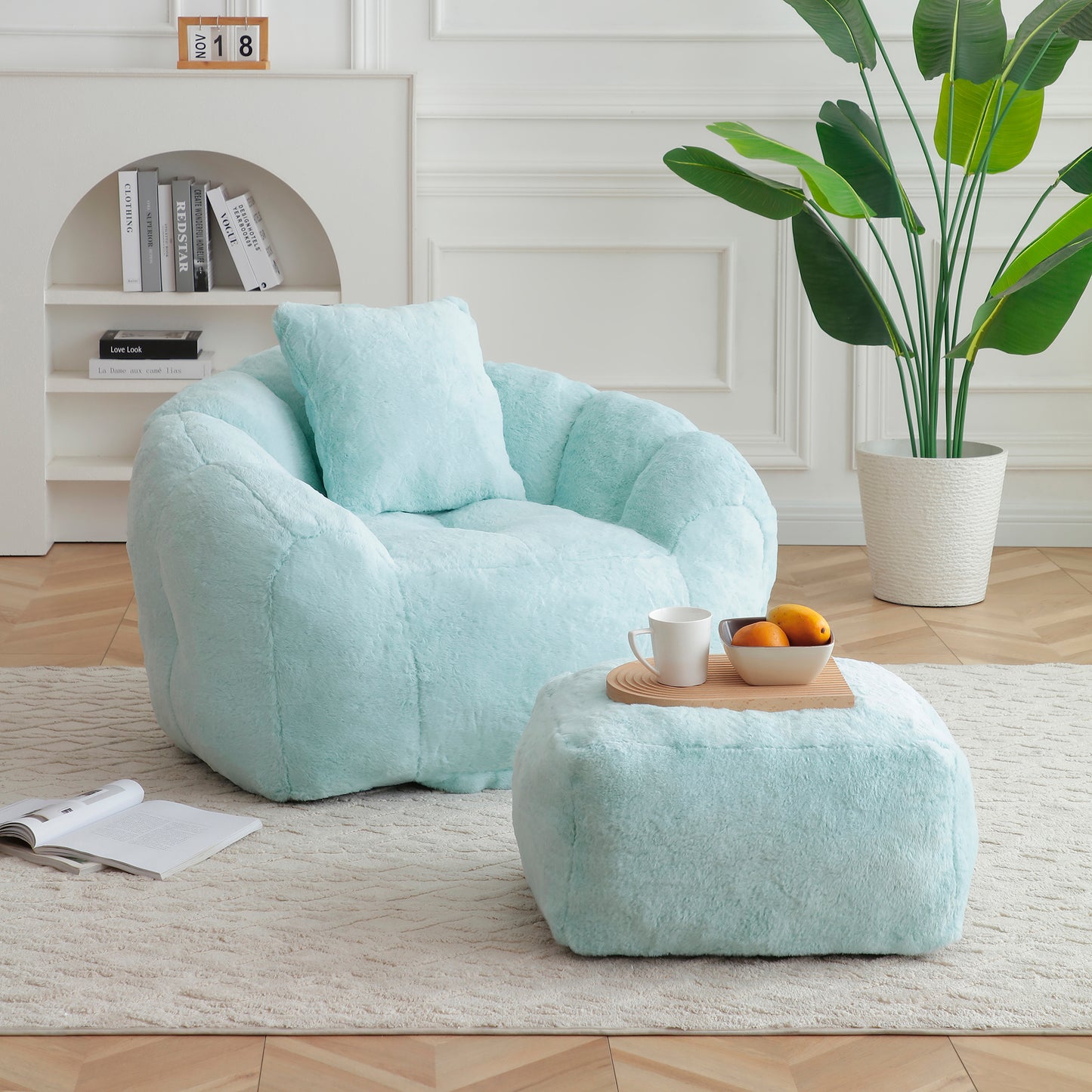 Oversized Faux Fur Bean Bag Chair with Footstool - Light Blue