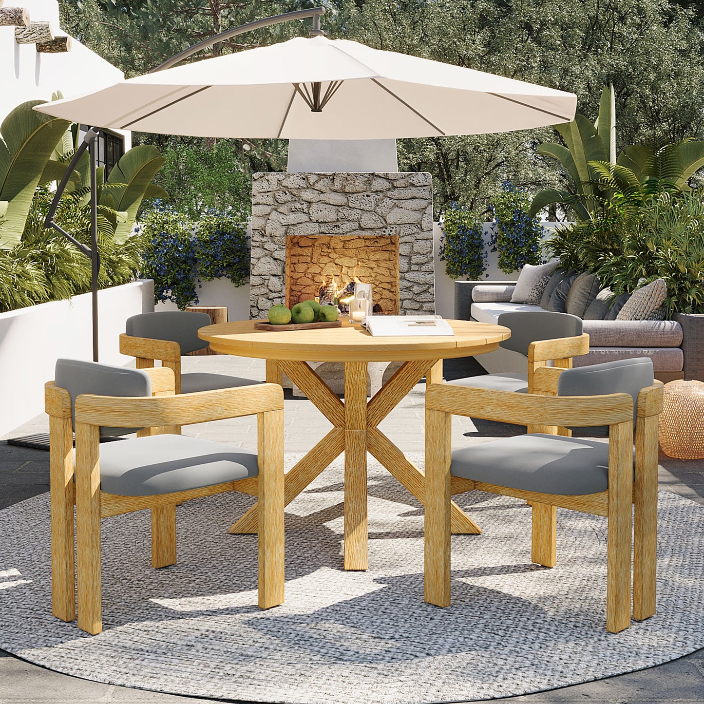 5 Piece Outdoor Acacia Wood Round Dining Set, Solid Patio Table With
