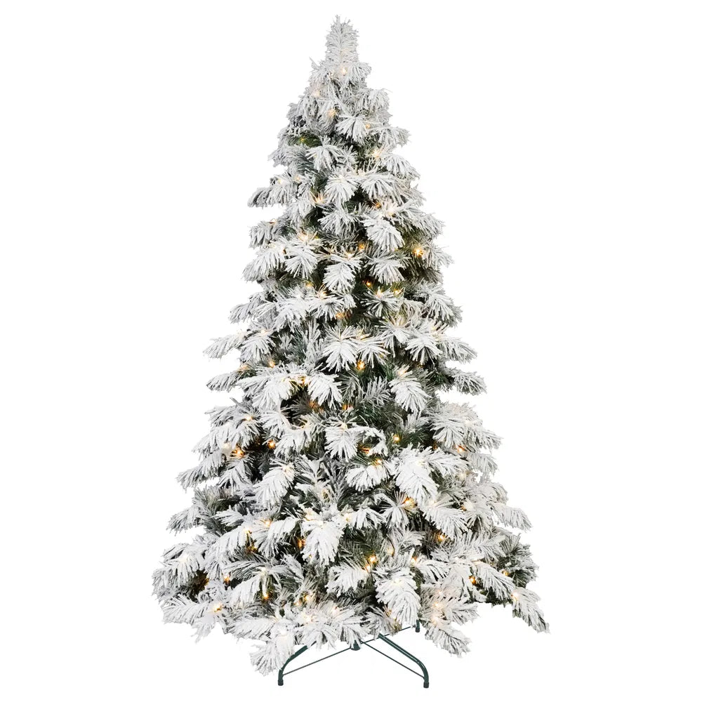 8ft LED-lit Flocked Christmas Tree with Hinged Base - Indoor Decoration