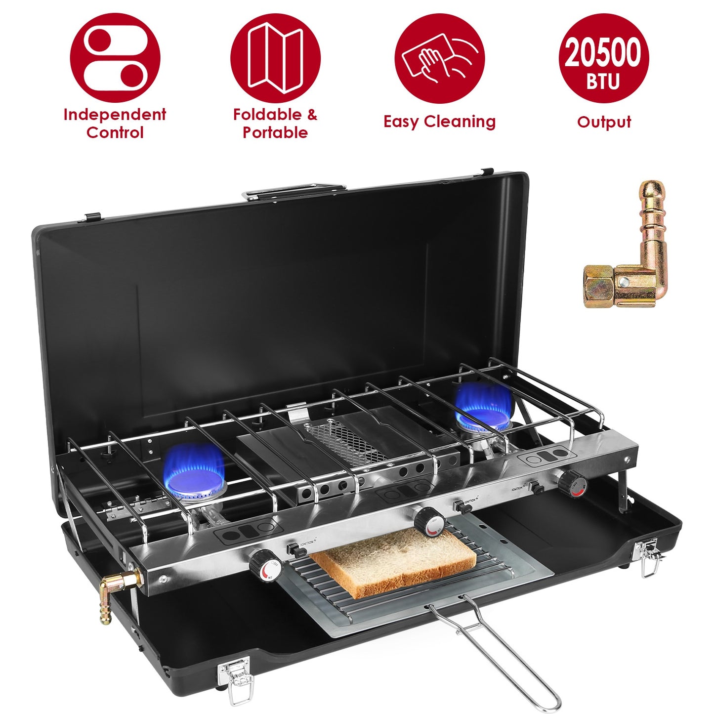 3-Burner Portable Camping Stove - 20000 BTU, Foldable with Toast Tray