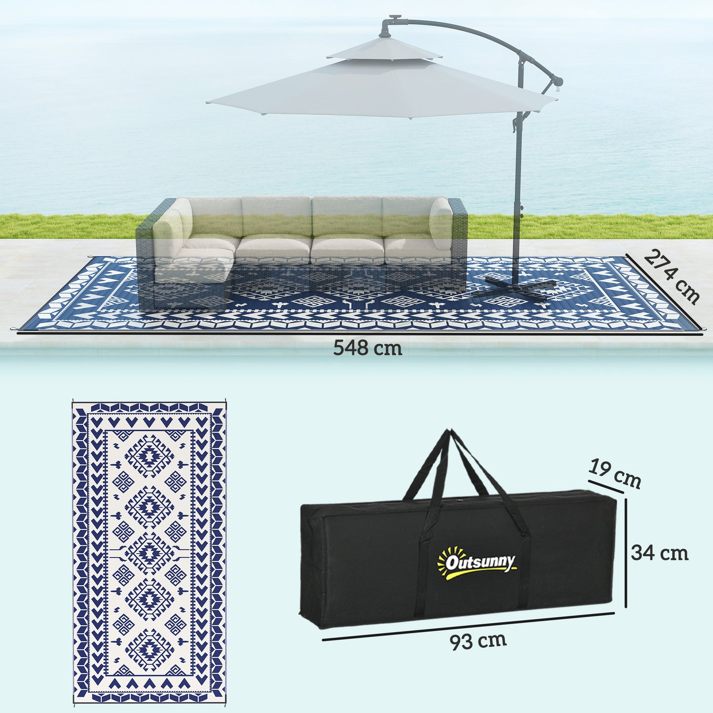 Reversible Waterproof Outdoor Rug - Blue & White Rhombus 9' x 18'