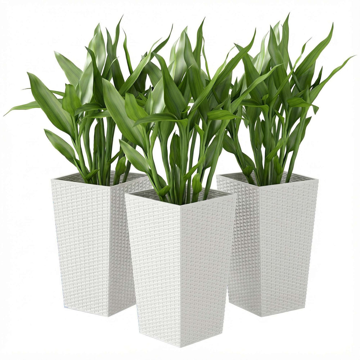 Outdoor Tall Plant Planters Set of 3 White Rattan Style Garden Pots with Drainage Holes