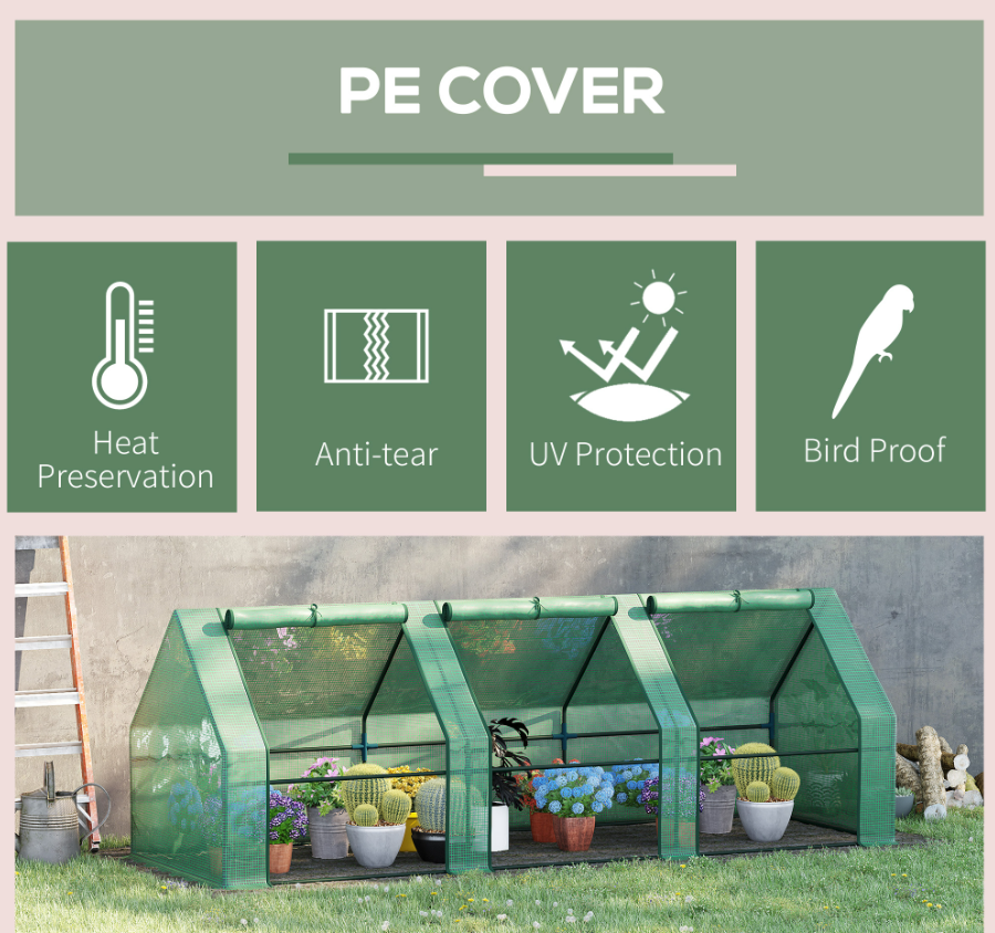 Portable Greenhouse 9ft x 3ft x 3ft with Zipper Doors UV-Resistant PE Cover Garden House