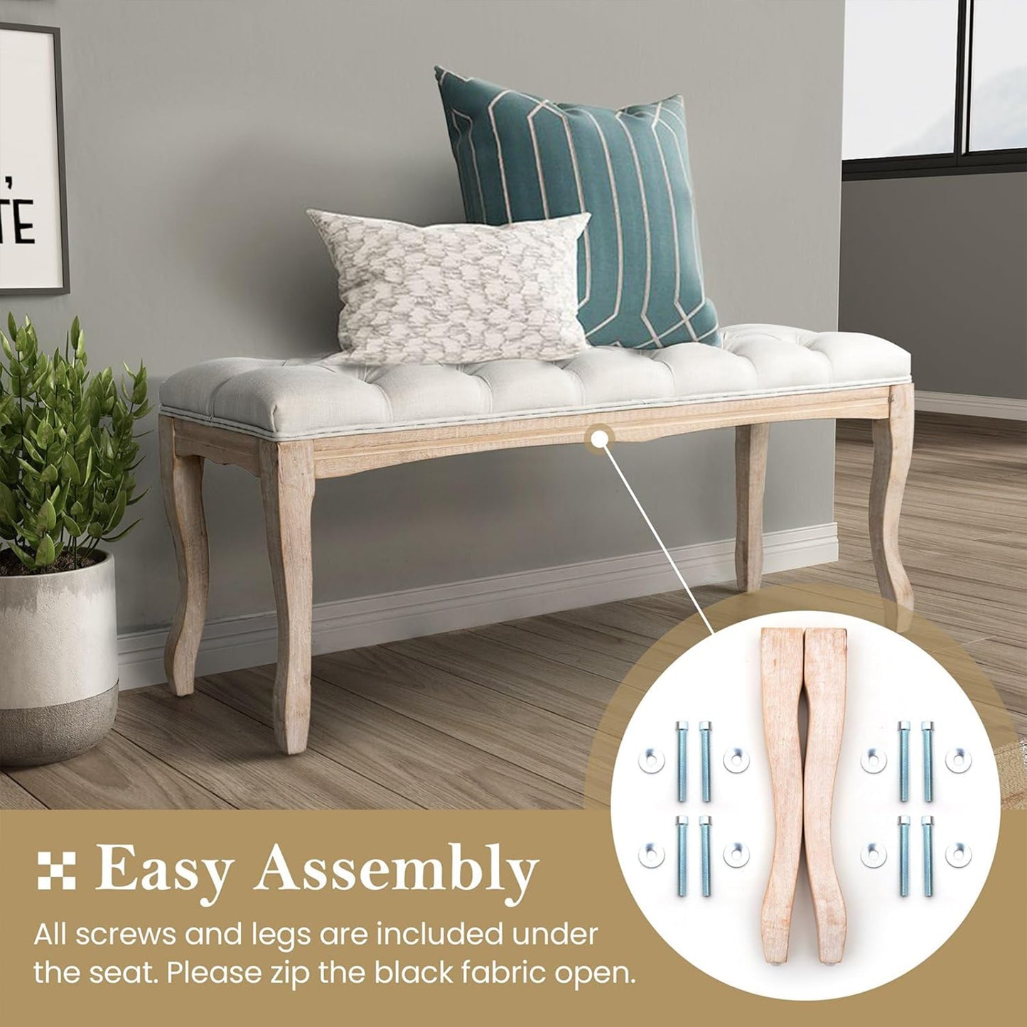 French Vintage Tufted Upholstered Bedroom Bench - Beige